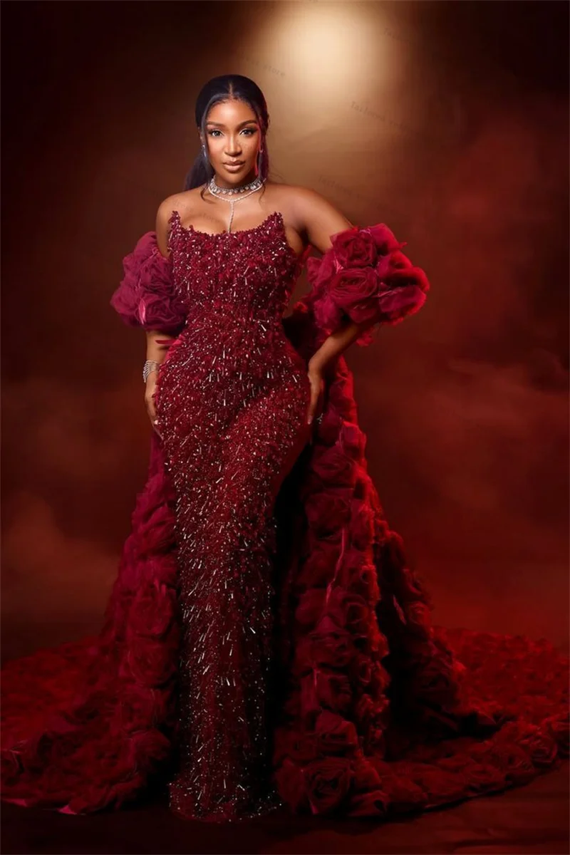 

Luxury Wrap Red Prom Dress Shiny Crystals Sequins Sexy Strapless Mermaid Evening Gown Customized Lace Up Back Long Church Robe