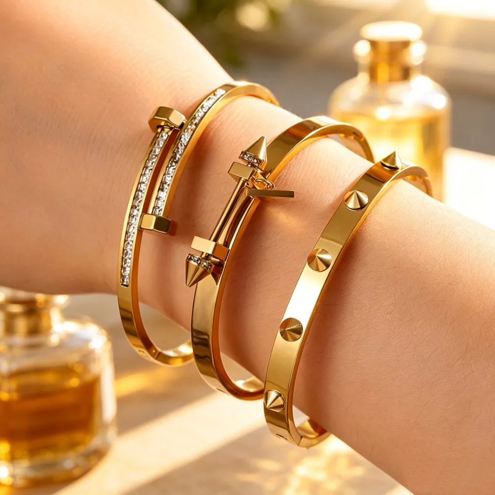 Minimalist Stainless Steel Willow Nail Bracelet Set for Women Shiny Cubic Zirconia Jewelry Gift Waterproof Fashion Accessory