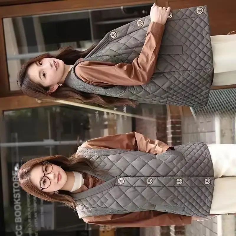 

Fashion V-Neck Vest Jacket Women Autumn Winter New Rhombic Sleeveless Warm Cotton Coat Female Light Waistcoat Outwear Ladies