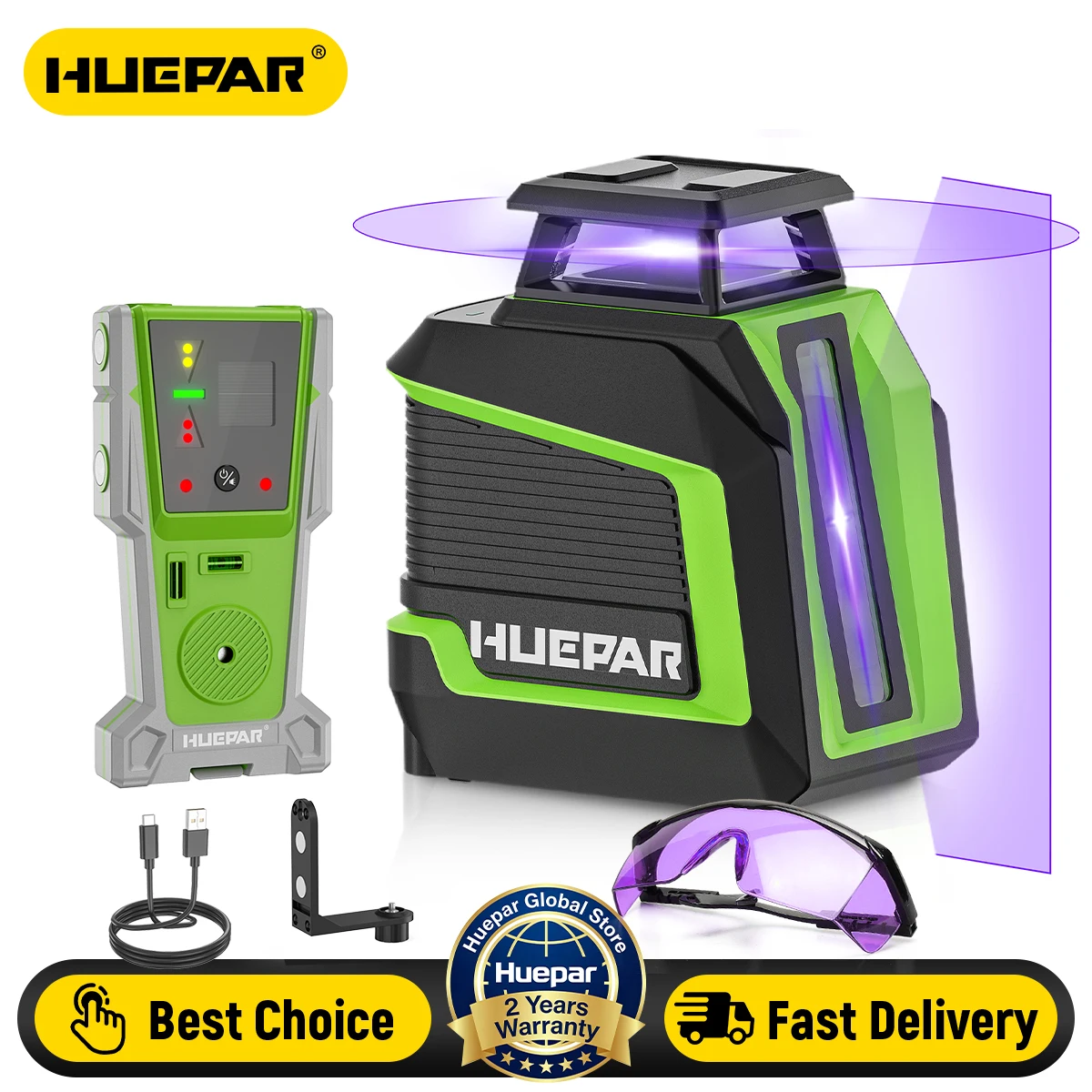 Huepar D011CP Multi-Lines Purple Laser Level 360° Coverage Self-Leveling Laser Tool With Laser Detector,Brightness Adjustment