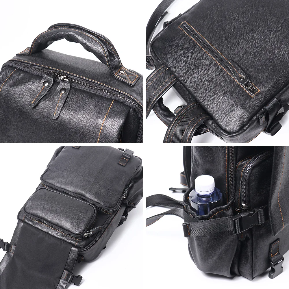 ROOG Fashionable Black Multifunctional Genuine Leather Backpack, Large-Capacity Top-Layer Cowhide Book Bag.