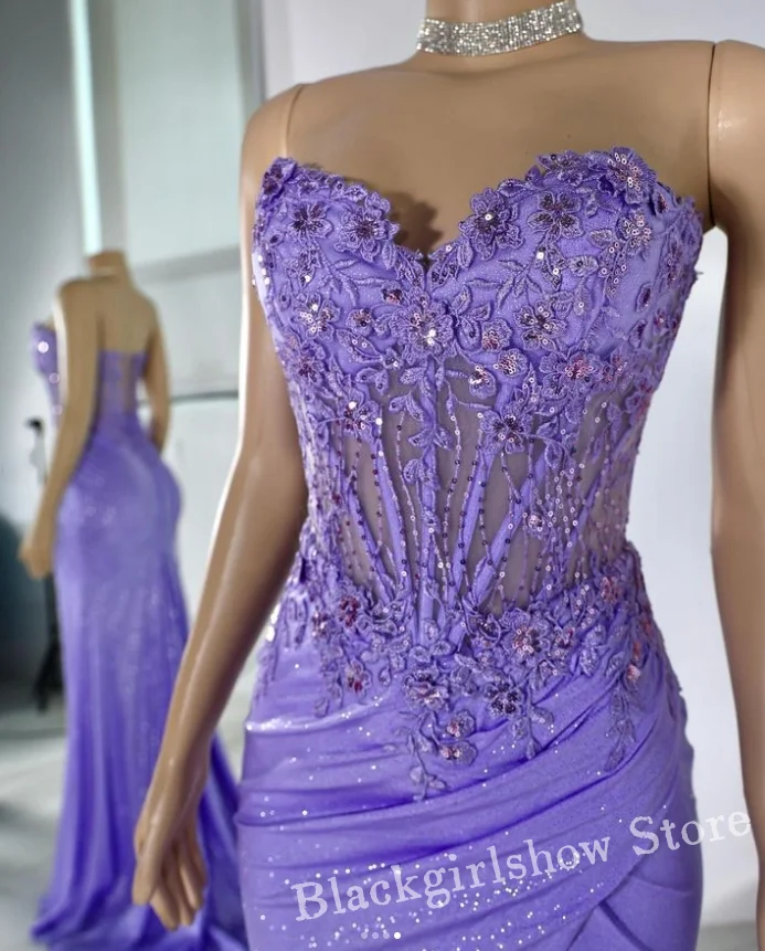 Luxury Lilac Purple Glitter Prom Dress 2024 For Women Sexy Bustier Sheer Appliqué High Split Dress vestidos de noche