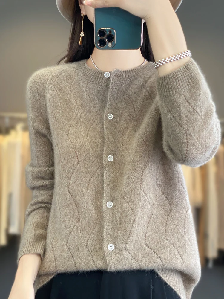 New Women 100% Merino Wool O-Neck Buttoned Cardigan Spring Autumn Cashmere Sweater Quality Soft Knitwear Casual Tops Clothing