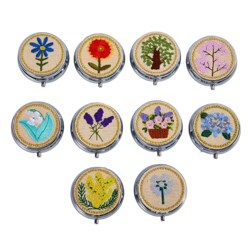 Embroidered Flowers Portable Round Waterproof Pill Tablet Metal Pill Box Medicine Case Light-weight Holder Container Travel Home