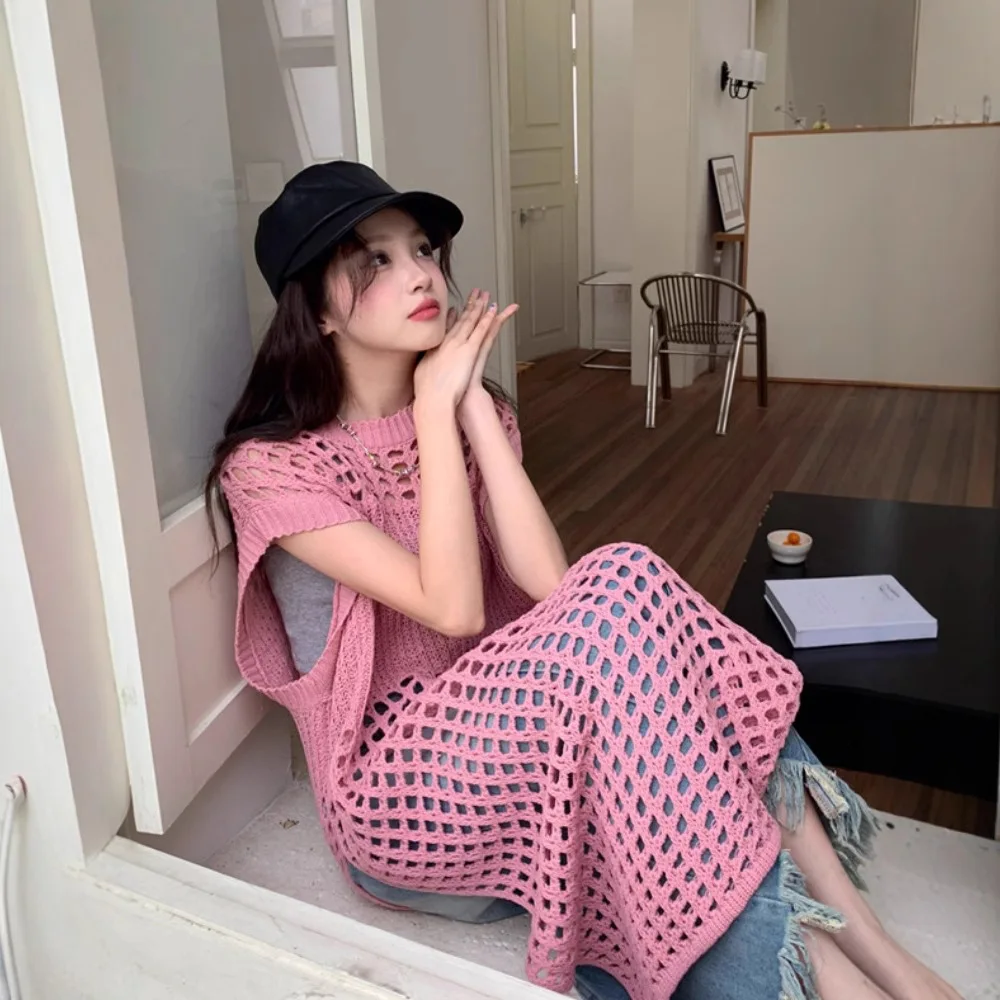 

2026 Spring New French Solid Hollow Out Knit Dress Women Mid Long Loose Sleeveless Vest Outerwear Layered Casual Midi Dress