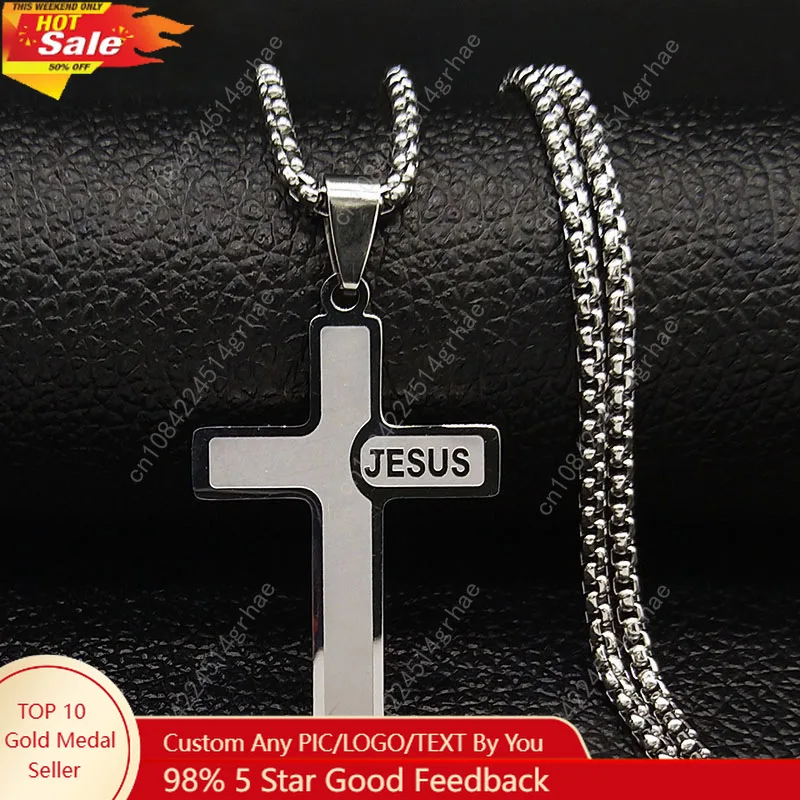 

YQ Stainless Steel Jesus Cross Pendant Chain Necklace For Men Women Jewelry Catholic Crucifixes Rosaries Accessories