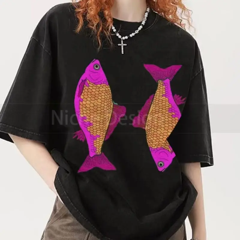 

Fluorescent Goldfish Lucky Printing T-Shirt Men's And Women's Same Pure Cotton Summer Designer Round Neck New Short Sleeves