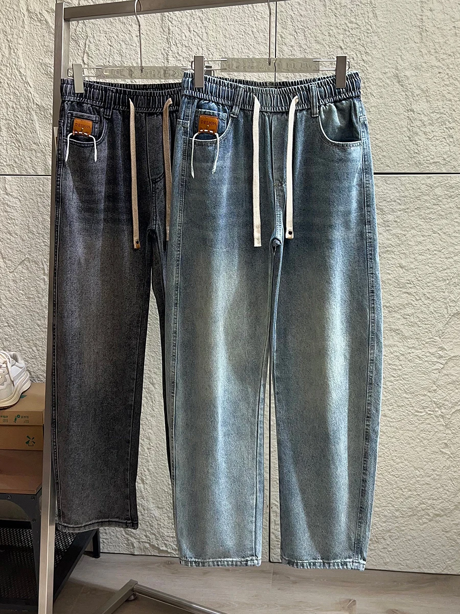 

Retro Washed Straight Leg Jeans Men's Casual Elastic Waist Jeans Line Spring Season Versatile Loose Fit Blue Jeans
