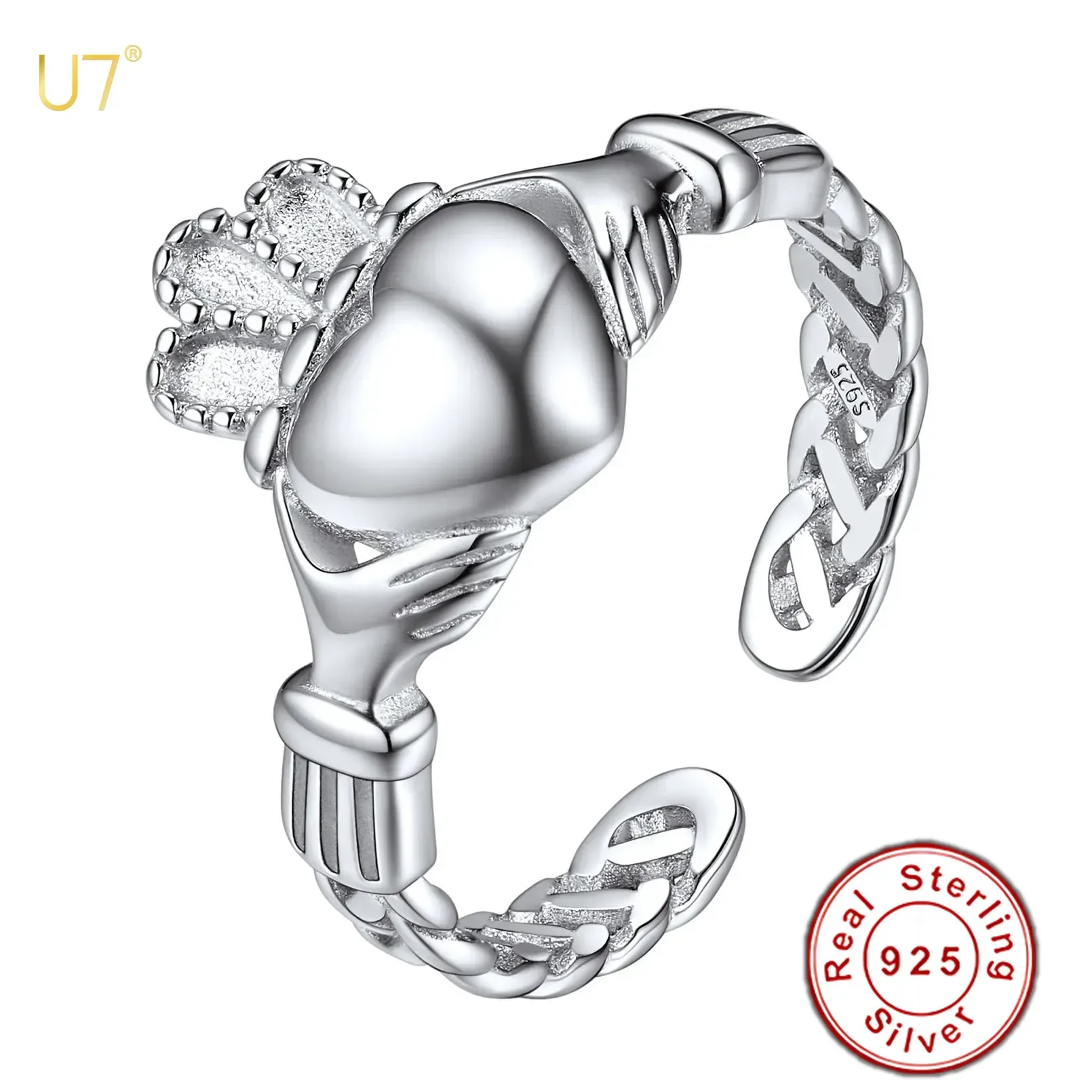 U7 925 Sterling Silver Claddagh Ring Cuff for Woman Celtic Knot Pattern Eternity Romantic Promise Wedding Ring Adjustable Size