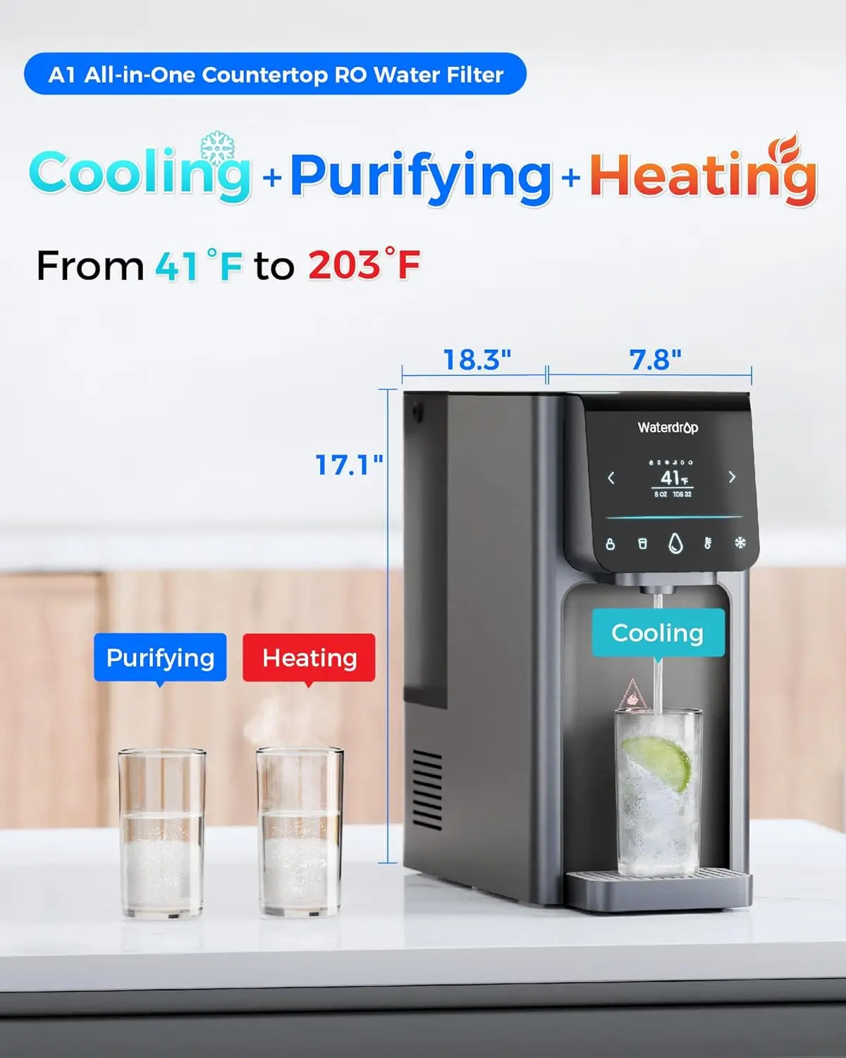 [Caliente y frío] Sistema de ósmosis inversa para encimera Waterdrop WD-A1, incluida jarra con filtro de agua Waterdrop con 1 filtro