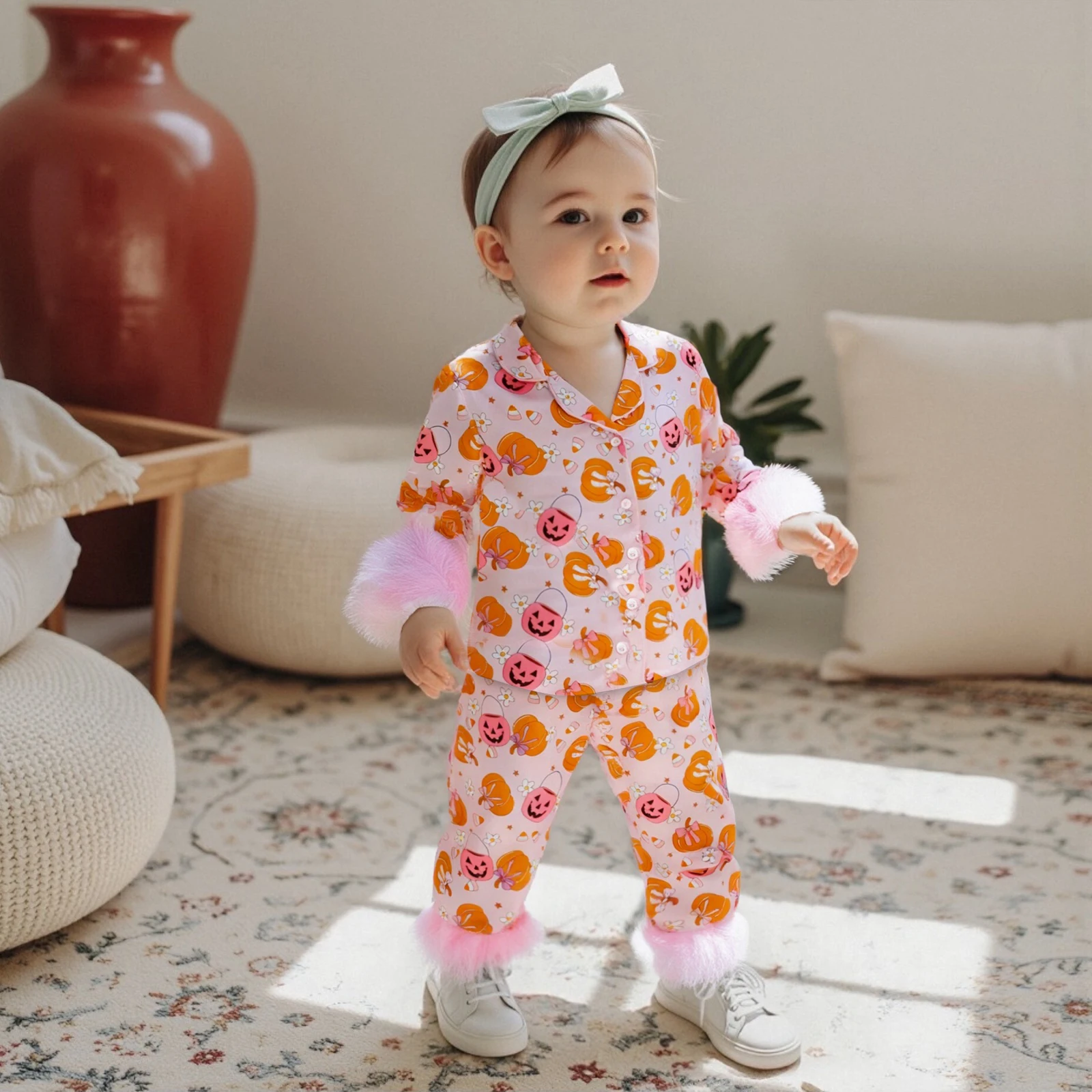 1-6Y Toddler Little Girl Halloween Pajama Sets Pumpkin Print Fuzzy Trim Long Sleeve Tops Elastic Waist Pants Kids Sleepwear