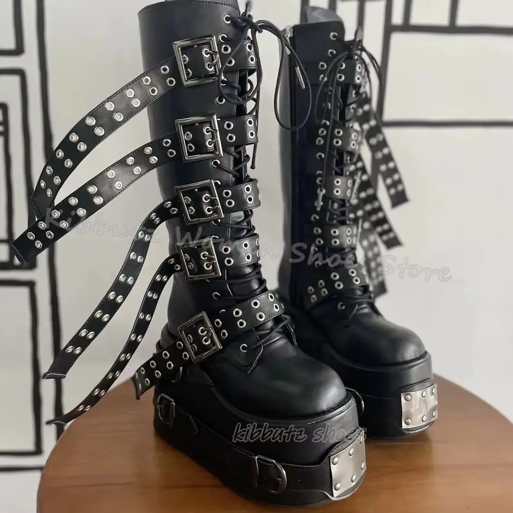 

Сапоги до колена с пряжками на ремне, на платформе, с круглым носком, увеличивающие рост, на шнуровке, роскошные кожаные однотонные модные лаконичные сексуальные новинки