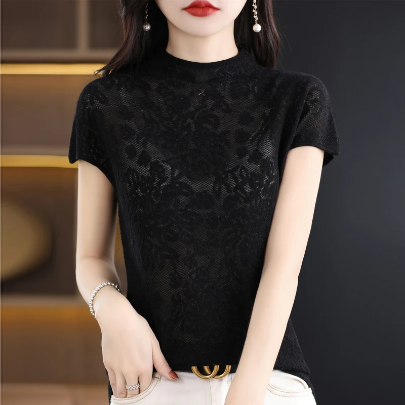 2023 Summer sexy Lace cashmere short sleeve women\'s thin breathable pullover cashmere fashion casual short sleeve