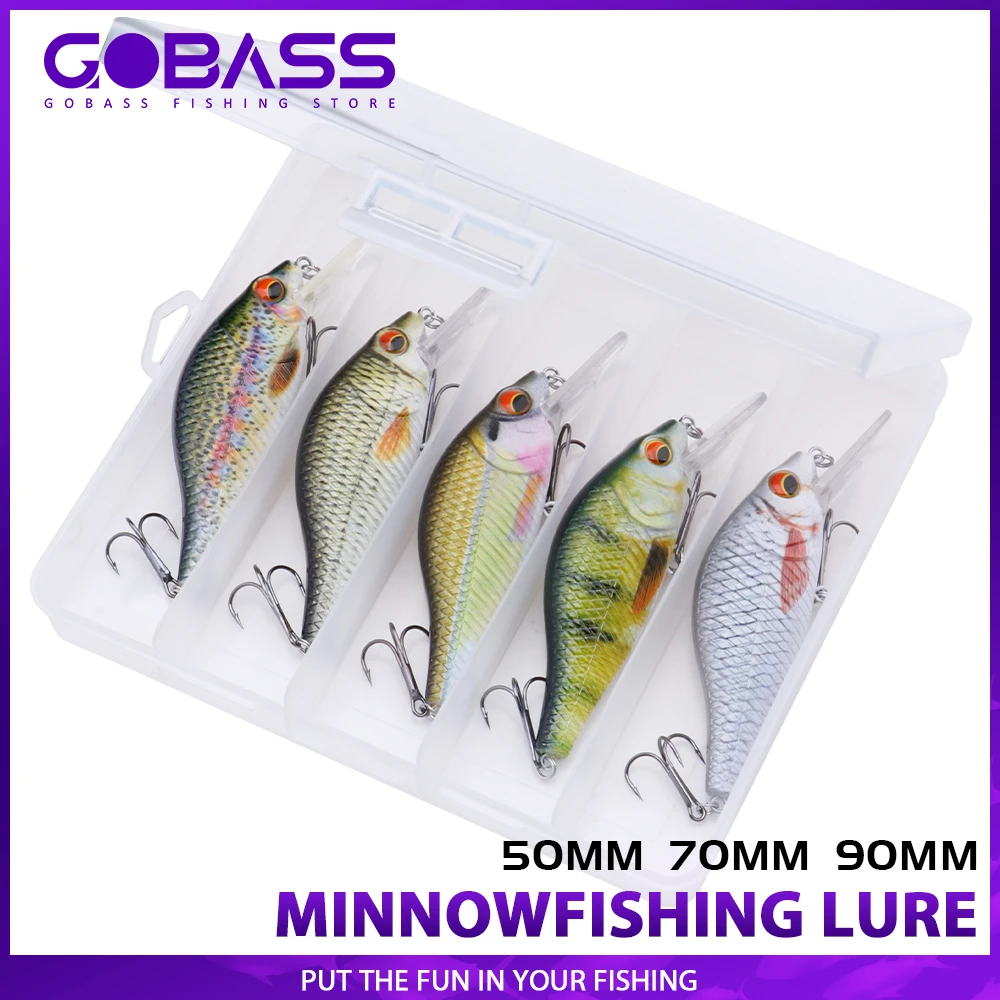 GOBASS 5pcs Floating Wobbler Fishing Lures 5/7/9CM Minnow Crankbait Pesca Bass Artificial Bait Pike Carp Swimbait Tackle Set Kit