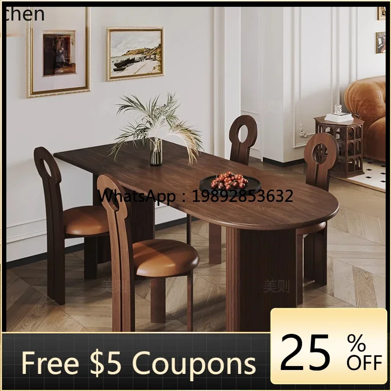 AB  black walnut against the wall, home retro semi-oval solid wood dining table, island platform integrated