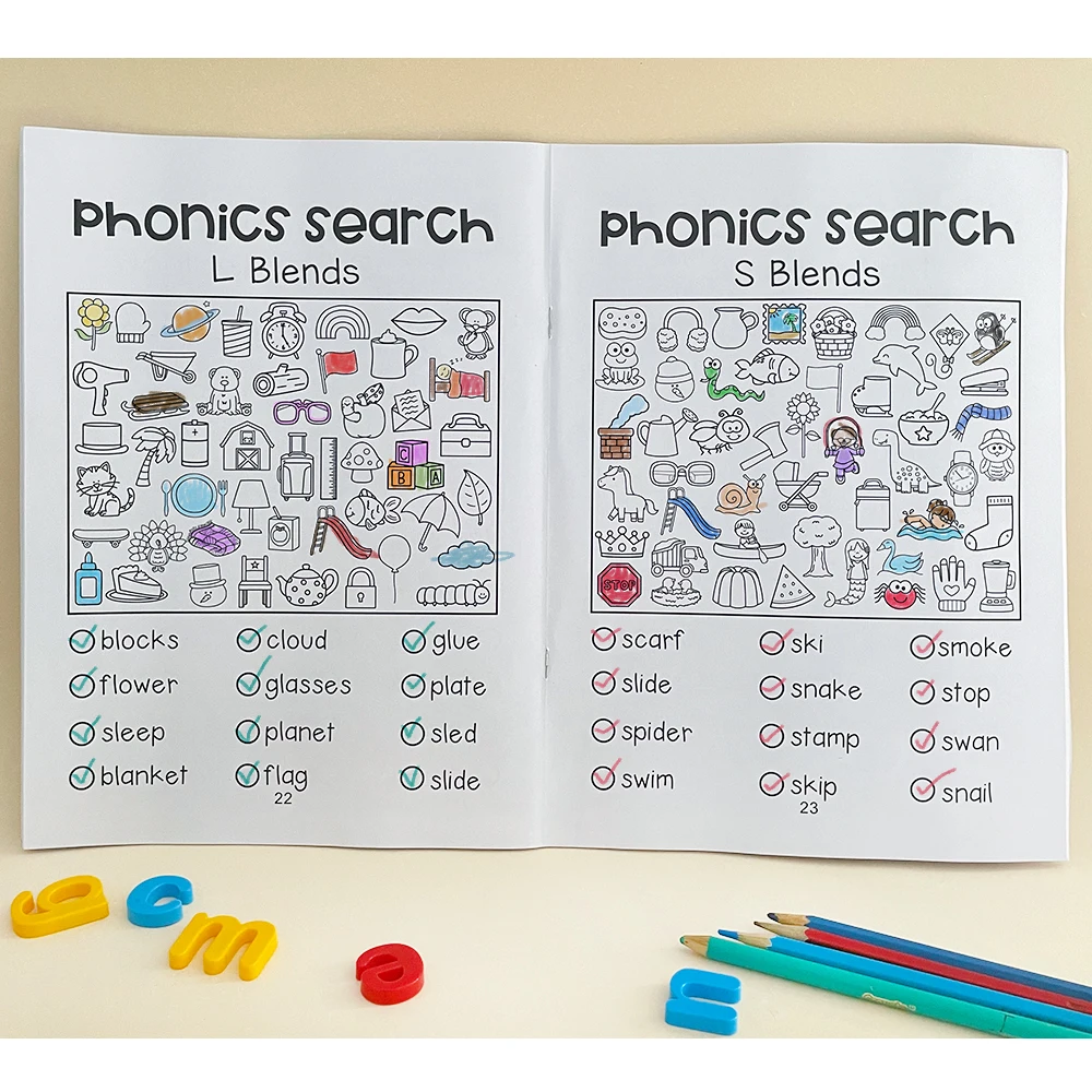 43 Pages Read and Find Phonics Workbook Word Search Coloring Montessori Learning Toys for Kid Children Homework