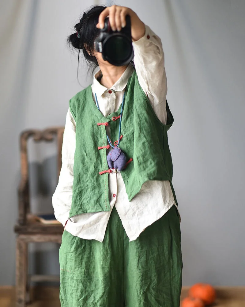 

Льняной кардиган ручной работы без рукавов в стиле ретро, китайский стиль, оригинальный дизайн, однотонный, стандартный крой.