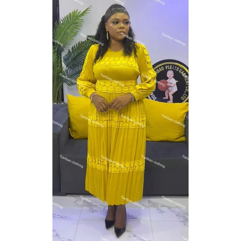 Nouveau Miyake robe plissée pour femmes couleur unie Patchwork dentelle élégante grande taille à manches longues robe de bal extensible longueur sans plis