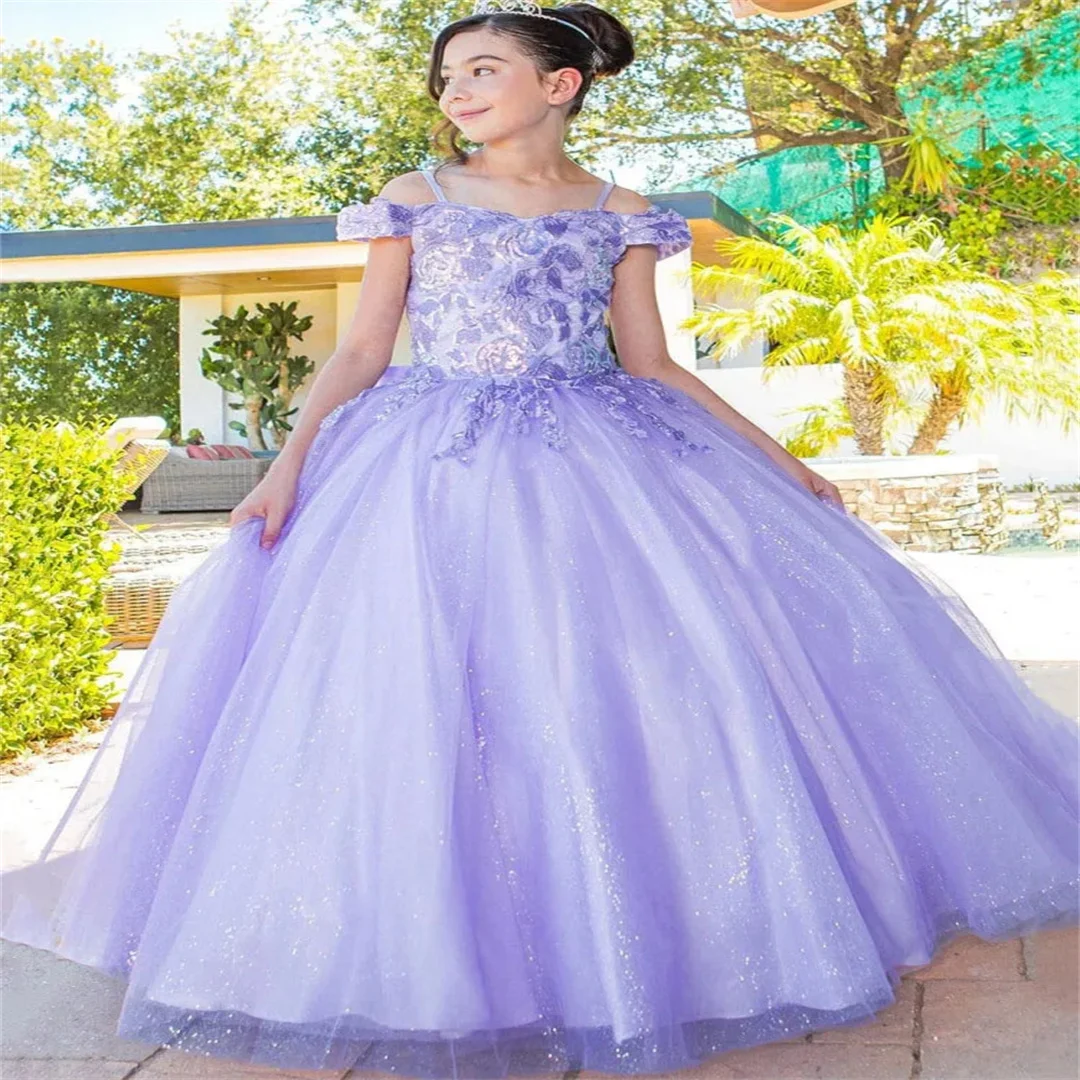 Customized Sky Blue Flower Girl Dress Tulle Floral Appliques Sleeve For Wedding Birthday Evening Prom Banquet Princess Gown