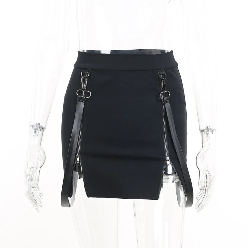 Goth Dark Gothic Split A-Line Skirts Double-Sided Zipper Slits 90s Streetwear Women Mall Gothic Dropped Mini Skirt Zip Edgy