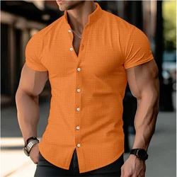 Men's Linen Shirt Stand Collar Summer Shirt Button Shirt Black White Orange Short Sleeve Casual Daily Clothing Apparel 5XL