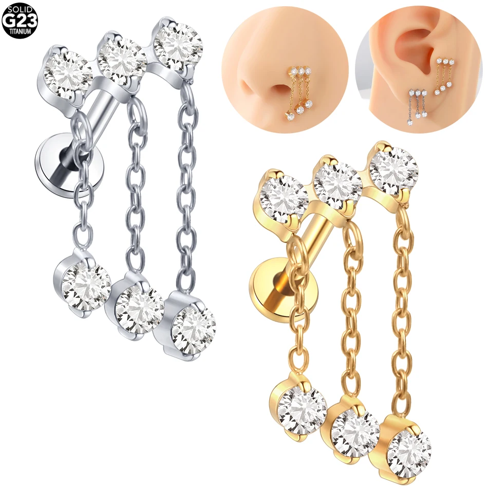 1/5PCS ASTM F136 Titanium 5-Cluster CZ Stud Earring with 2 Tier Dangle Chain Helix Cartilage Tragus Lip Ear Piercing Jewelry 16G