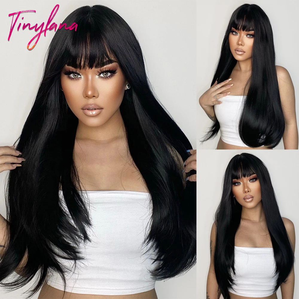 Natural Black Long Straight Synthetic Hair Wigs with Bangs for White Women Afro Cosplay Party Daily Hair Heat Resistant Fiber