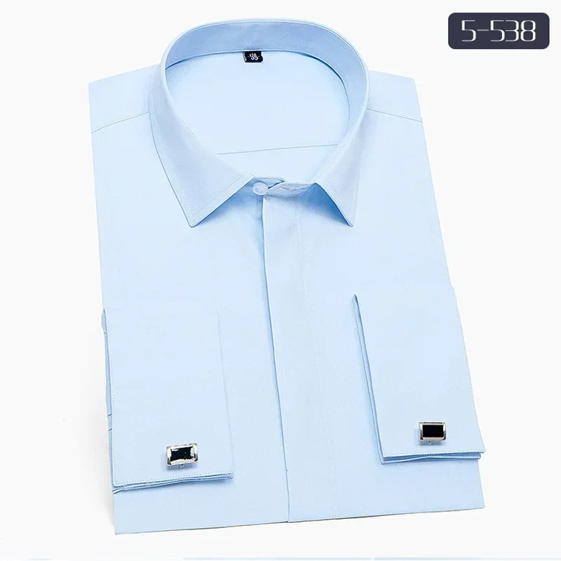 Quality Wedding Formal  Luxury Men's French Cuffs Dress Shirts Pocket Long-Sleeve Button Slim Fit Tuxedo Shirt Cufflinks