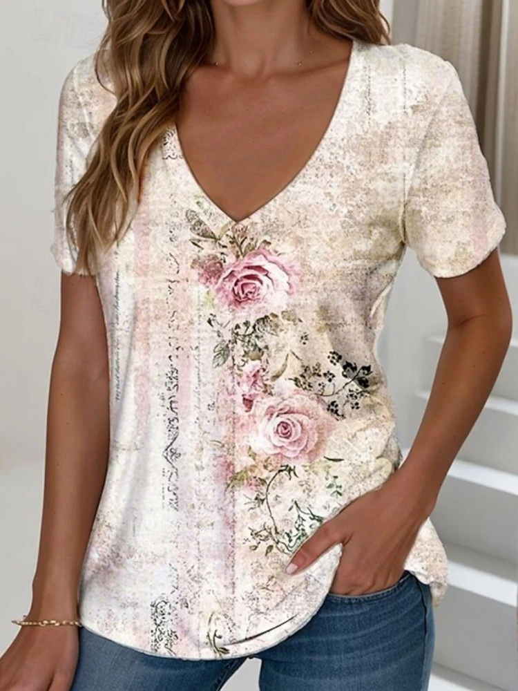 

Women's T-Shirts 3D Color Gradient Flower Graphic Print Fashion Casual Short Sleeve V-Neck Tops Tee Loose Summer Female Clothing