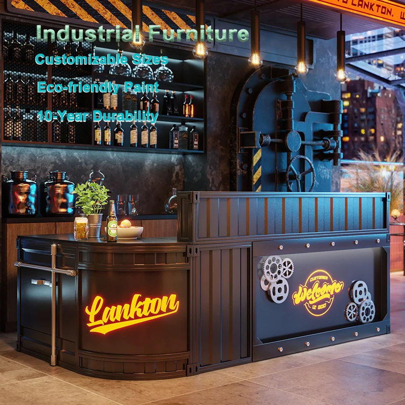 

Custom Industrial Metal Bar Checkout Counters Front Desk Reception Desk for Nightclubs Hotels Home Bar Iron Outdoor Friendly