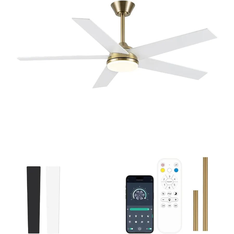 

52 Inch White and Gold Ceiling Fan with Light Featuring Modern Brass Design and Dimmable LED Lighting Quiet DC Motor for Elegan