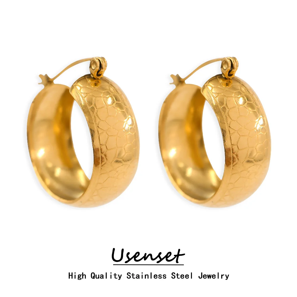 USENSET Tarnish Free Stainless Steel Waterproof 18K Gold Plated Textured Hoop Earrings For Women Oversize Small Loop Ear