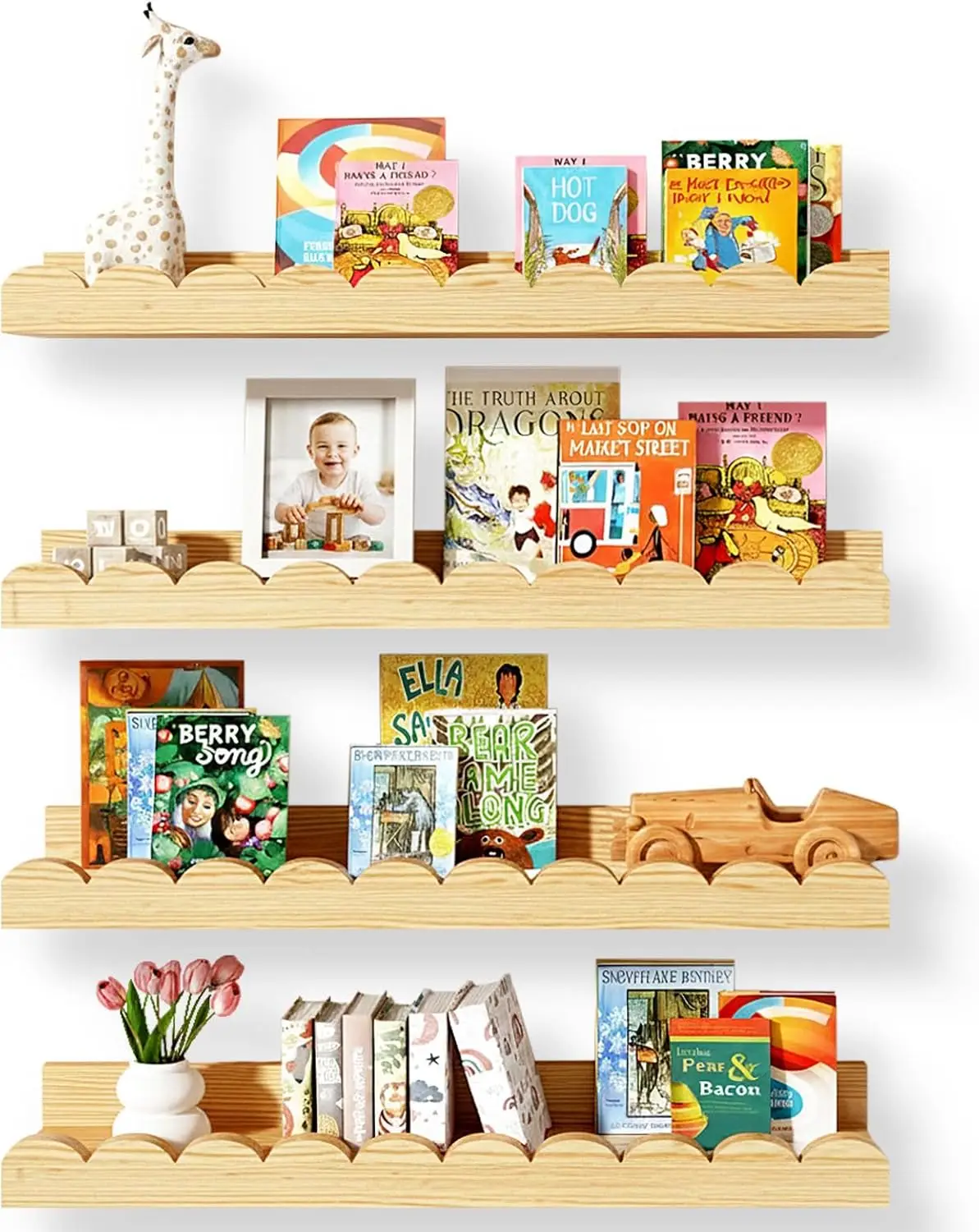 

Nursery Floating Shelves for Kids Room, 4 Pack 15.7 Inch Natural Wood Wall Shelves with Scalloped Edge, Kids Bookshelve