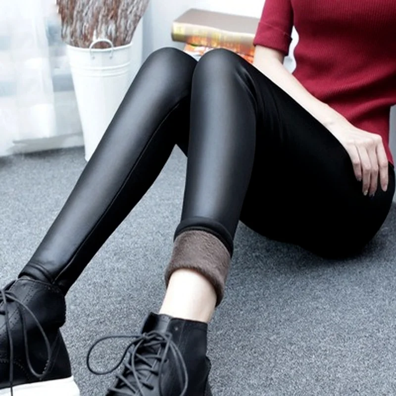 Winter Leggings Women Korean Plus Thick Velvet Pencil Pants Slim Plus Size Imitation Leather Pants Trouser Warm Women's Clothing