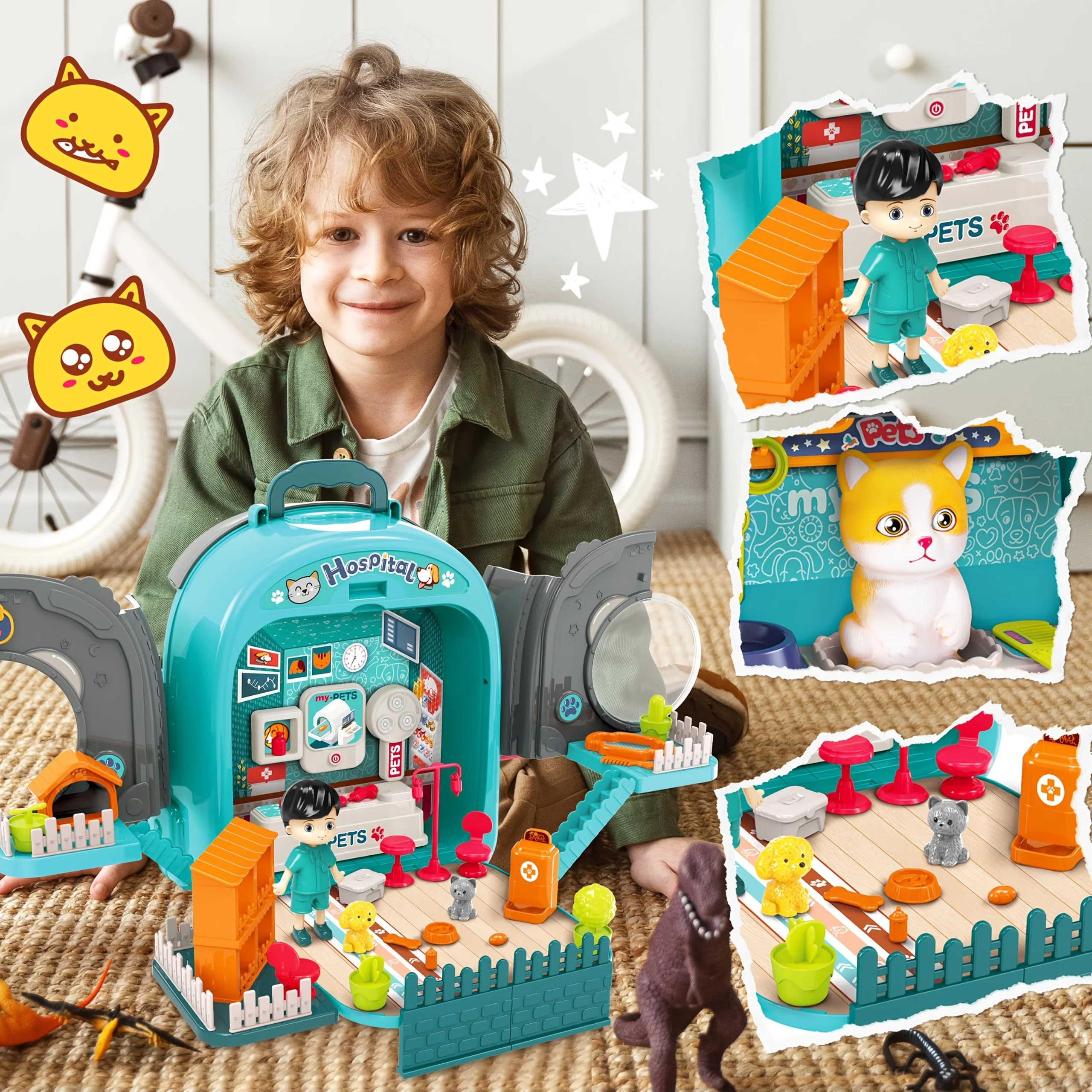 مجموعة لعب للعناية بالحيوانات الأليفة 3 في 1 - حقيبة ظهر بيطرية للتظاهر ومجفف الشعر والمستشفى (يتضمن الملحقات)، لعبة تفاعلية للأطفال
