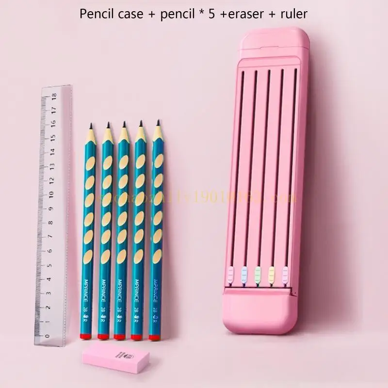 Multi-in-1 Stationery Includes 5 X Pencils Eraser Clear Ruler Gift for Kids, Case Closure Lightweight Portable