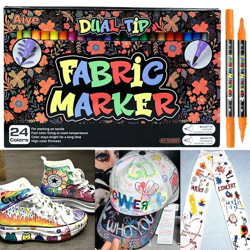 24 Colors Dual-Tip Fabric Markers  Fabric Markers Permanent for Clothes Fabric Paint Pens for Shirts Bags Hats Canvas Textiles