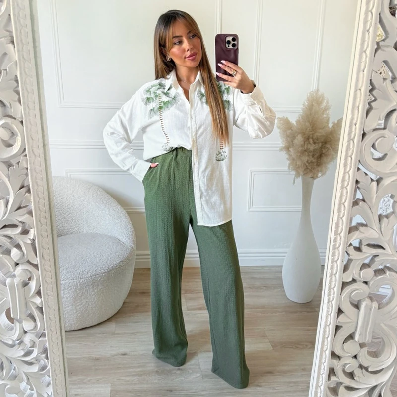 

STYLISH LADY Leaves Printed Beach 2 Piece Set Women Long Sleeve Button Shirt and Pant Suits 2025 Summer Casual Loose Outfits