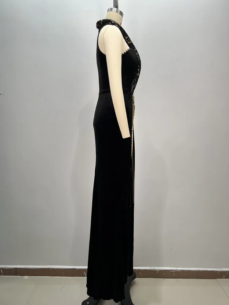 Robe longue en velours lacé pour femme, manches simples, découpe sexy, noir, maxi tambour, robe con élégante, soirée, performance sur scène, 2024