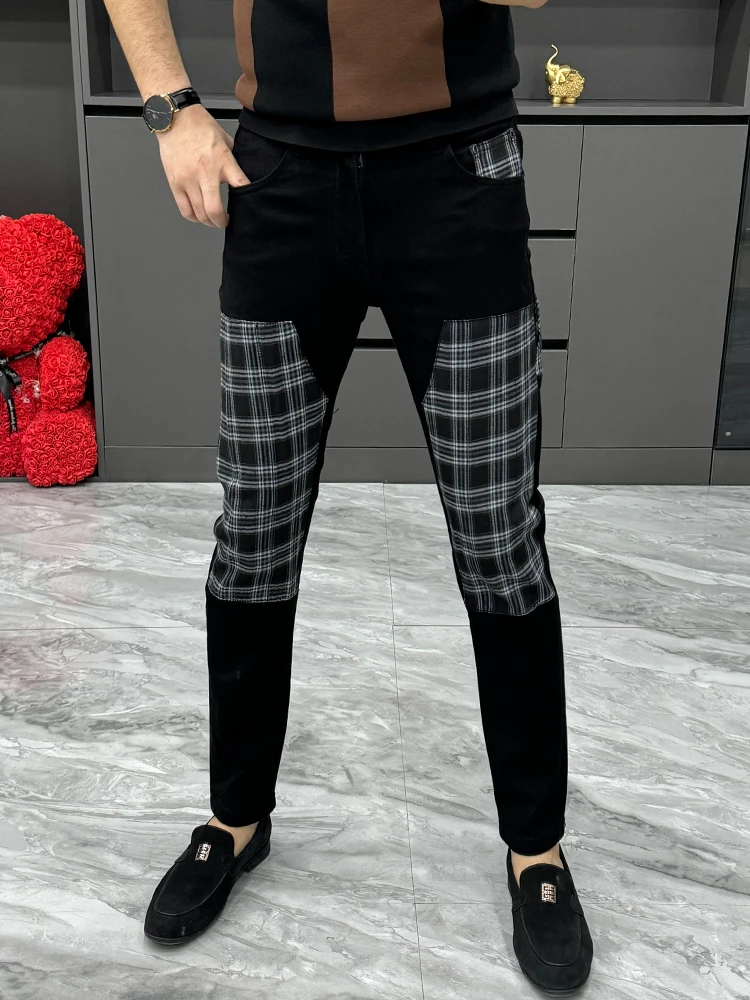 

Модные мужские джинсы в клетку с эффектом слима, длинные брюки в корейском стиле, повседневные, узкие, зимние, новый дизайн