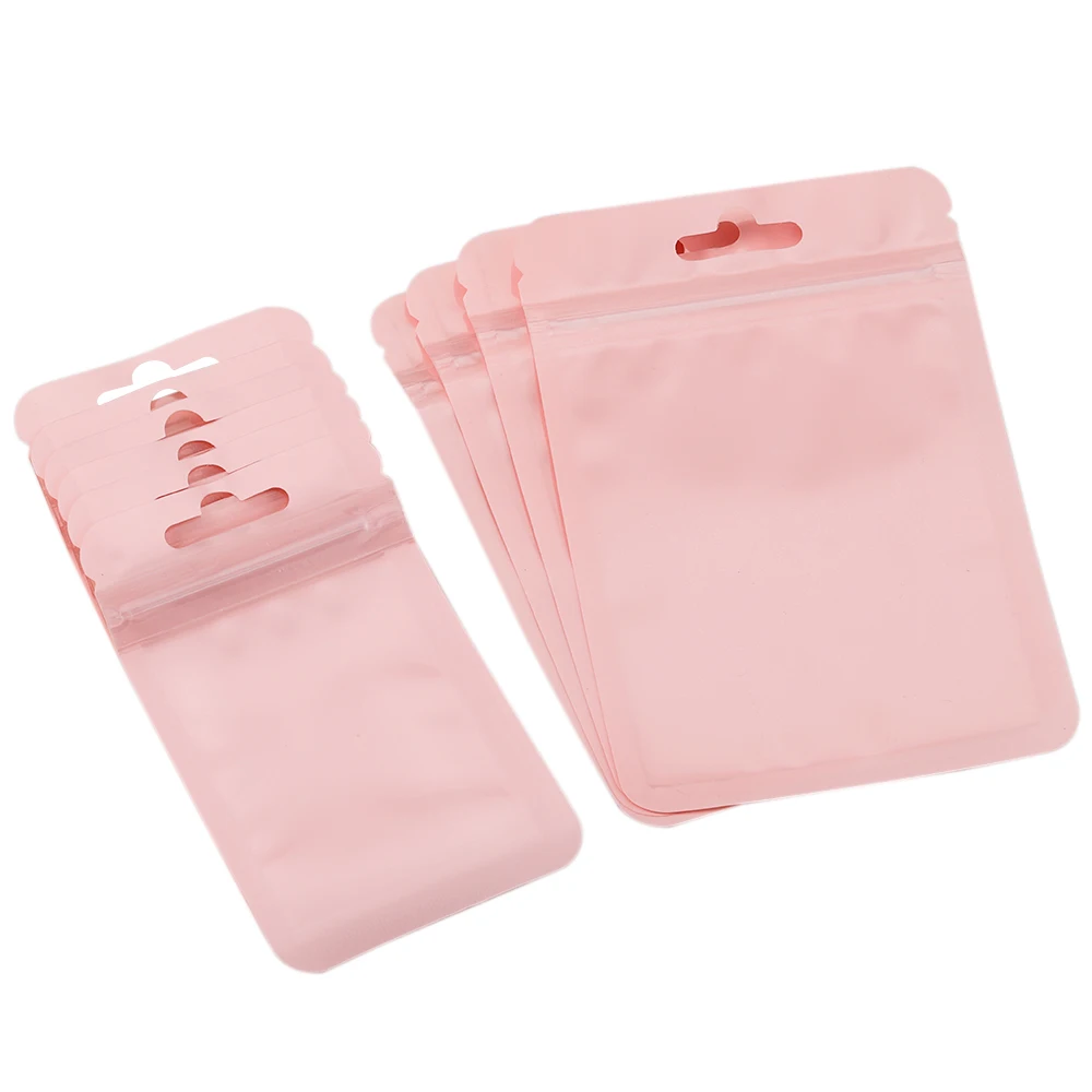 Bolsa de plástico rosa con cremallera, bolsa de embalaje transparente de un lado para almacenamiento de joyería DIY, 50 Uds.