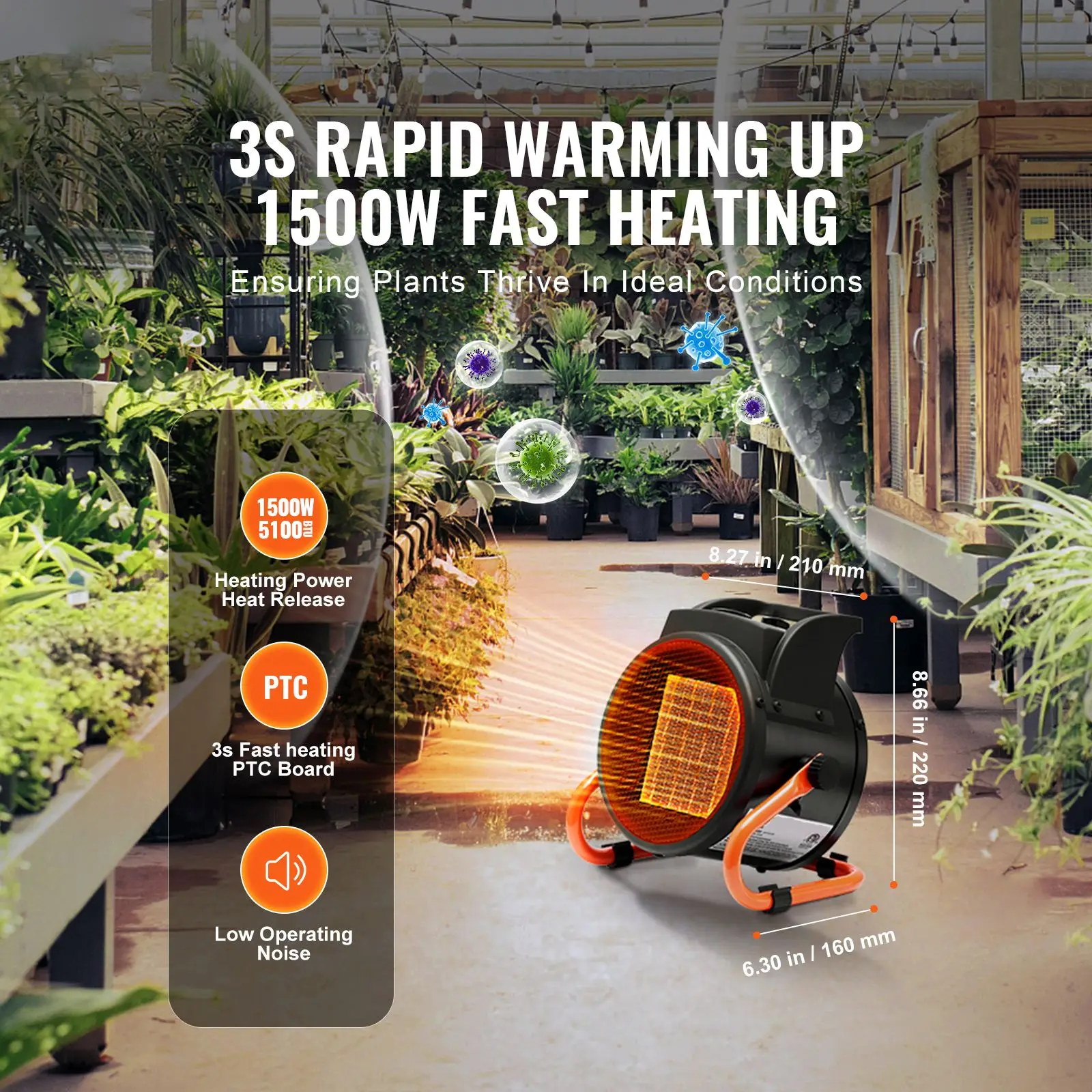 Greenhouse Heater with Thermostat, 1500W PTC Fast Heating Overheat Protection, 3-Speed Setting Small Grow Tent, Electric