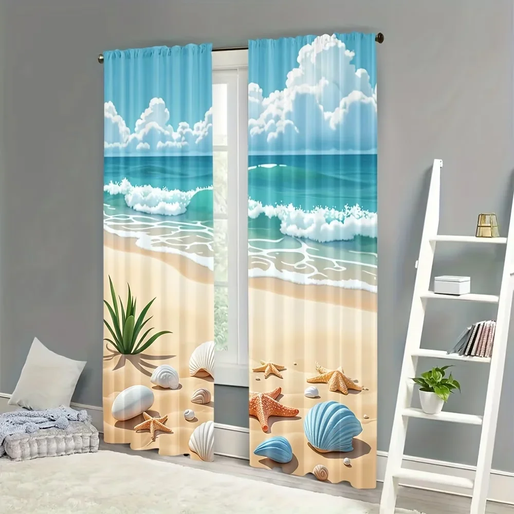 2PCS Digital Printed Curtains, Sandy Beach Ocean Wave Coastal Scene, Window Treatments for Living Room Bedroom Home Decoration