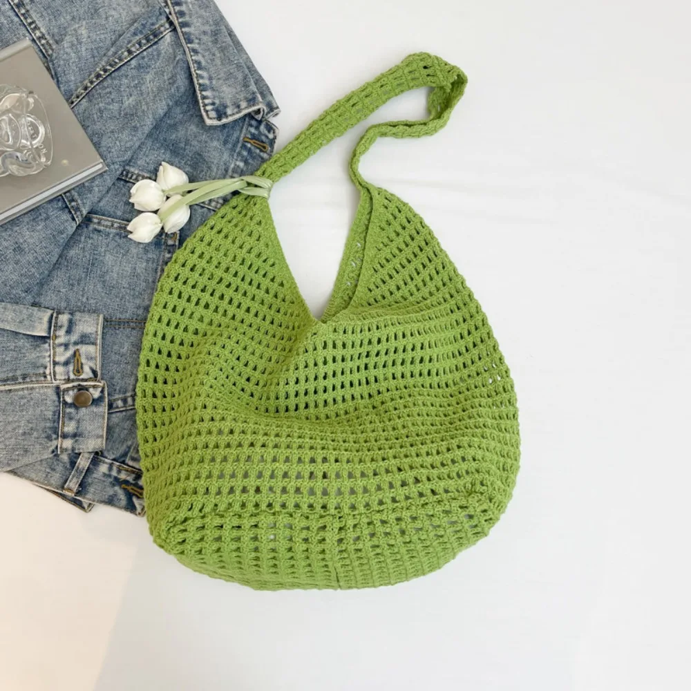 

Модная милая вязаная крючком сумка на плечо для отдыха и отдыха, пляжная полая сумка, повседневная однотонная тканая сумка-тоут для путешествий