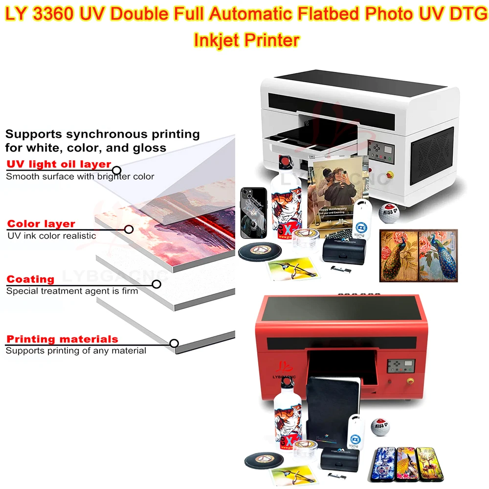 LY 3360 더블 UV DTG 잉크젯 프린터, 전화 케이스용 완전 자동, 금속 거울 선물 포장 인쇄, 2880 DPI 인쇄