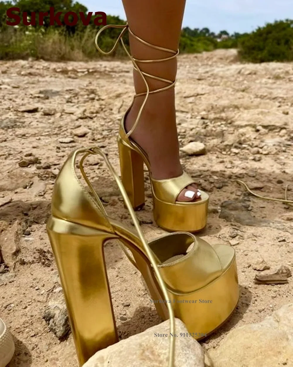 

Surkova Bronze Gold Matte Block Heel Sandals Open Toe Platform Summer Dress Shoes Lace-up Block Heels Eevning Shoes Size46