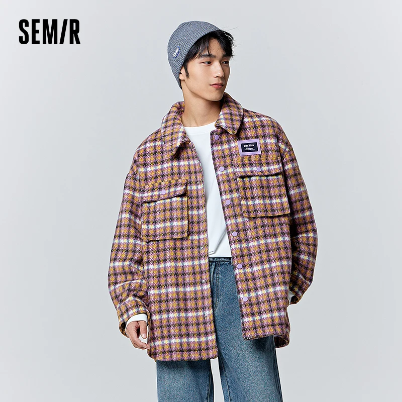 

Semir Woolen Coat Men Winter Classic Checkered Mid-Length Couple Top Korean Version Fashion Shirt-Style Loose Coat