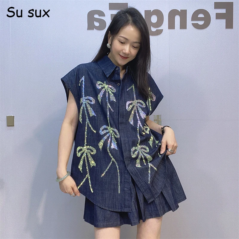 

Denim High Waist Wide Leg Short Pant Sets Woman 2 Pieces 2025 Summer Jeans Sequins Bow Turn Down Sleeless Shirt Outfits Femme