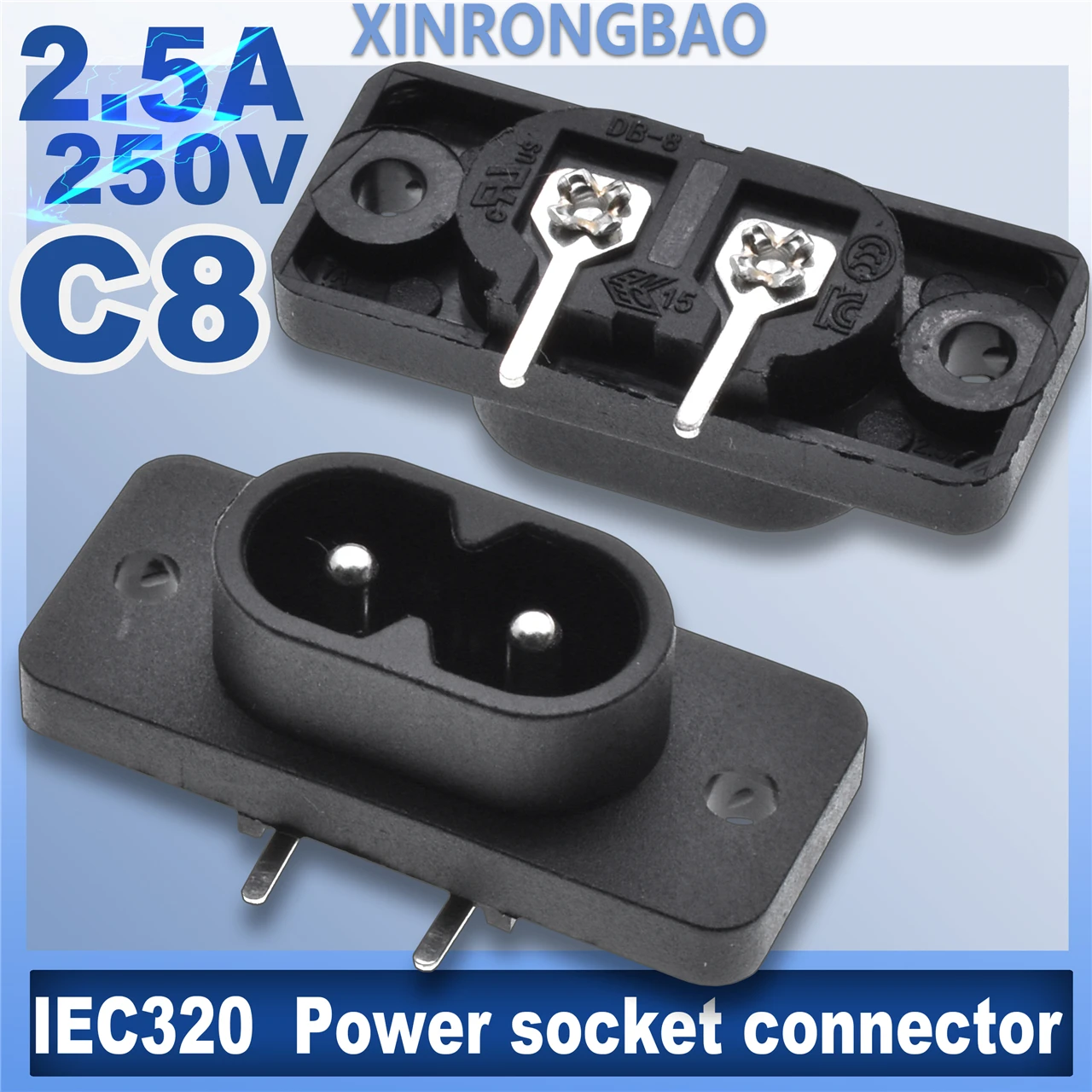 5Pcs IEC320 C8 Black 2 Terminal Power Plug Inlet Socket AC 250V 2.5A Switch Socket Embedded Industrial Electrical 2 PIN Male 006