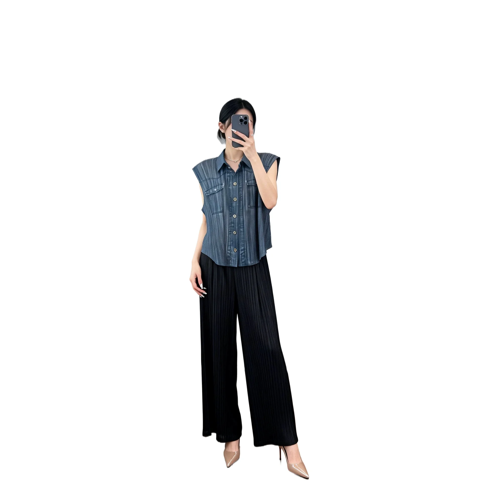 Miyake Pleated Imitation Denim Vest for Women Sleeveless Lapel Single-breasted Shirt-style Sleeveless Top